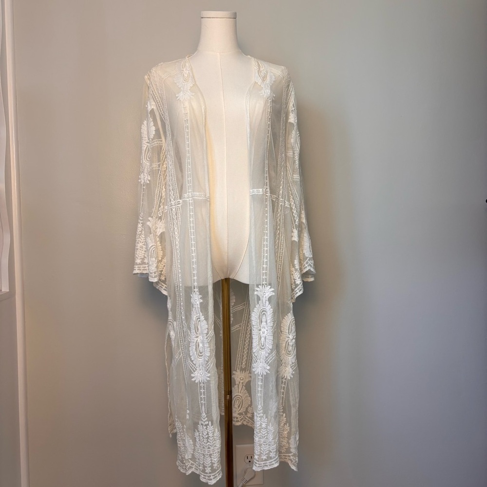 Artesian Boho Shear White Embroidered Lace Maxi Kimono 3/4 Flair Sleeve Sz XL